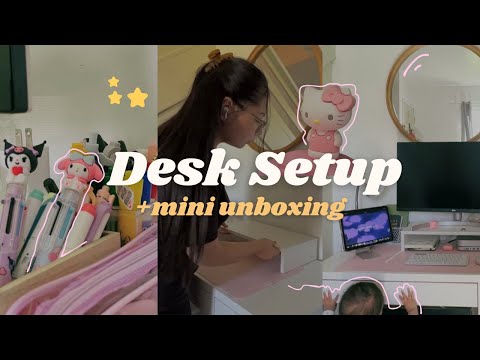 My New Desk Setup 2024 🖥️💕| Cute Desk Makeover 📦🌷| Mini Amazon Unboxing | aesthetic + productive 🫧📓 [Video]